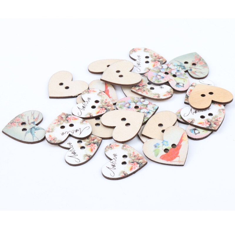 28x24mm 20 pcs Houten Hart Vorm Bloem Vogel Patten Knoppen 2 Gaten Handgemaakte Naaien Kleding Scrapbooking Ambachten DIY