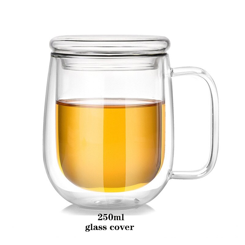 Double glass transparent coffee cup,Heat-resistant glass cup with lid，Dessert glassBeer mug office mug simple stylefree: 2