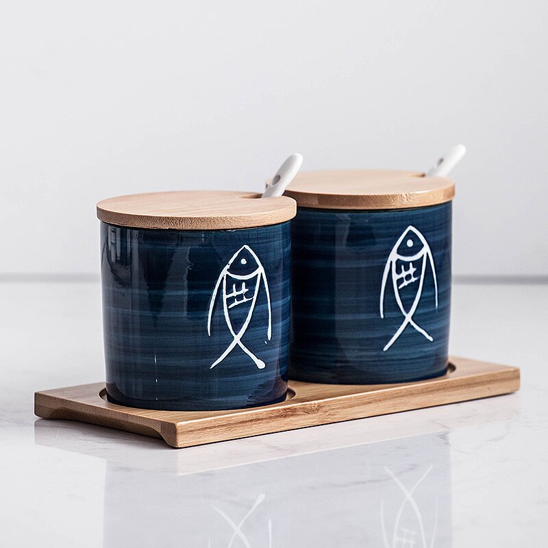 Japansk stil keramisk salt sukker peber honning krydderi krukke shaker krydderæske køkken tilbehør krydderi opbevaring krukker flaskeholder: Shyy 2 billeder