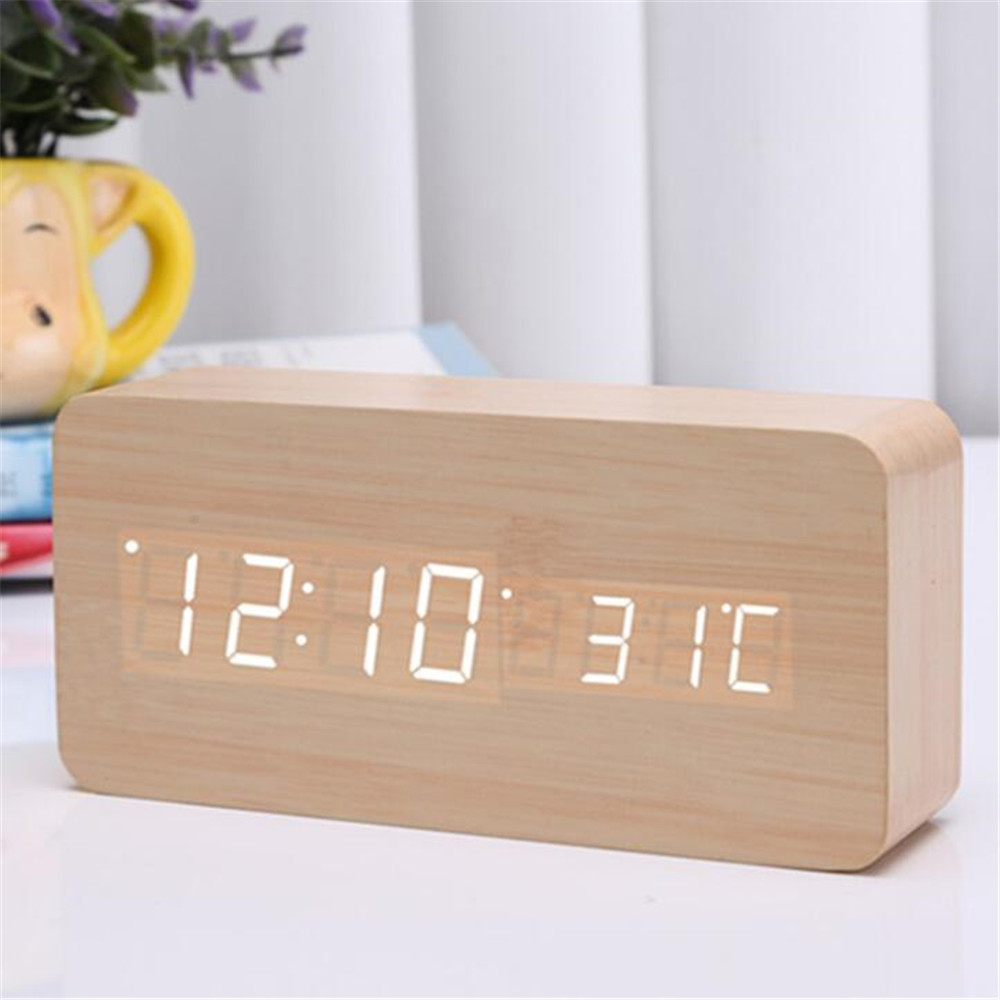 Moderne digitalt led vækkeur lydkontrol træ despertador desktop ur fugtighed temperatur display: 3