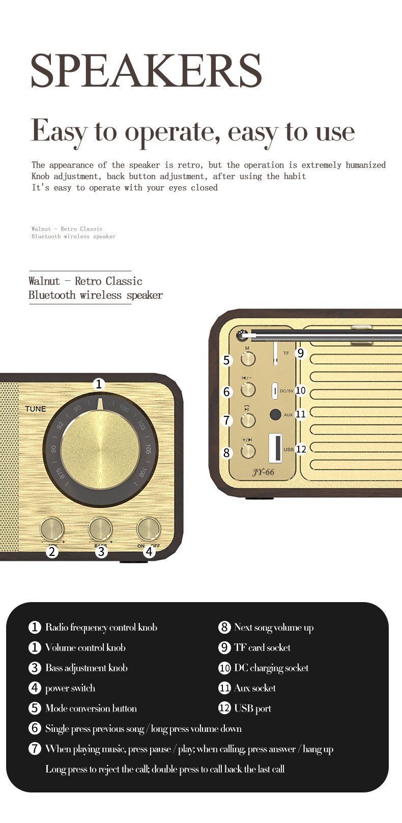 Tragbarer retro-bluetooth-lautsprecher aus holz mit 5.0 lautsprechern, fm-radio, subwoofer und tf-/sd-kartensteckplatz  mp3 abspielgeräte