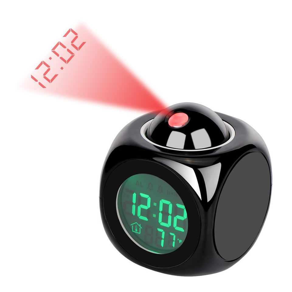 Smart LED Projection Alarm Clock Digital Weather LCD Snooze Clock Bell Alarm Display Backlight LED Projector Home Clock Timer: black