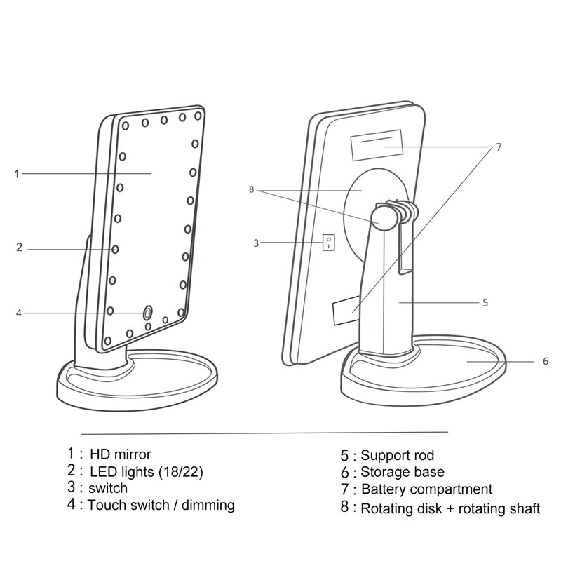 Large Lighted Makeup Mirror, Makeup Vanity Mirror with 22 LED Lights , Press Screen Dimmable 360°Rotation, Black Battery