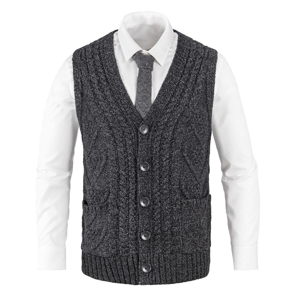 Fall Winter Ribbed Knit Casual Fit Sweater Vest Mens Knitted V-Neck Cable Aran Waistcoat 204: Black / XL