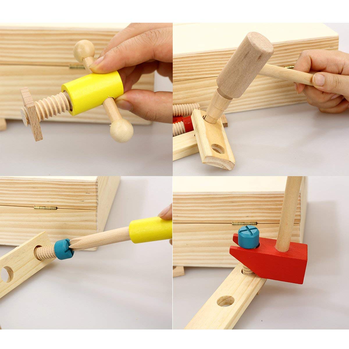 WOTT Wooden Tool Toys Pretend Play Tool box Accessories Set Educational Construction Toys Kids