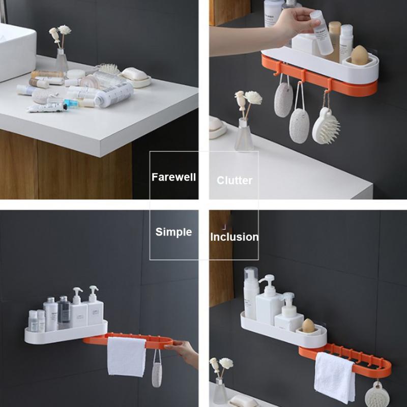 Double Layer Rotating Storage Rack Organizer Bathroom Pole Shelves Shampoo Tray Stand Holder Wall Mounted Towel Rack With Hooks