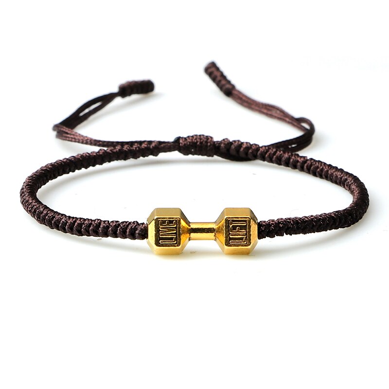 Charme Tibetischen Buddhistischen Woven Hanteln Armbänder &amp; Armreifen Für Frauen Männer Glück Handgemachte Knoten Seil Armband Barbell Bead Schmuck: Brown-gold