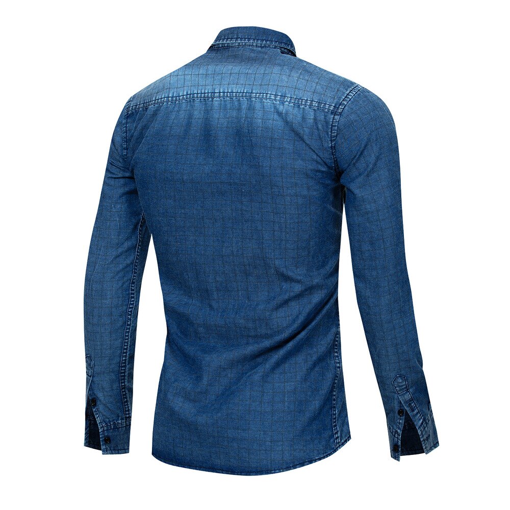 ERIDANUS Men&#39;s Denim Shirt Checkerboard Long-sleeved Casual Slim Fit Shirts 100% Cotton Male Streetwear MCL298