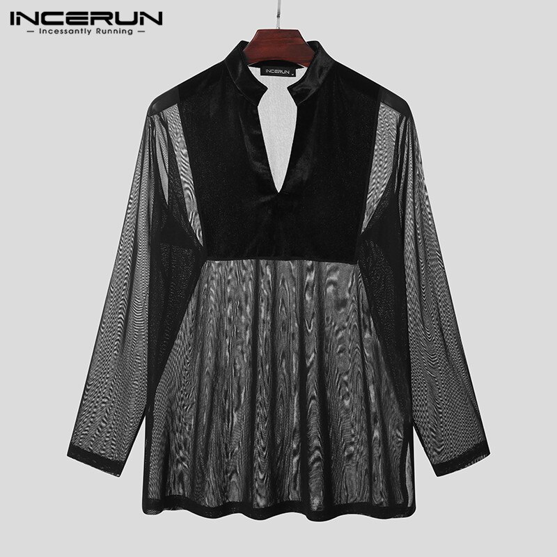 Men Long Sleeve V Neck Solid Camisa INCERUN Patchwork Shirts Men Transparent Party Nightclub Blusa Dance Shirt Plus Size
