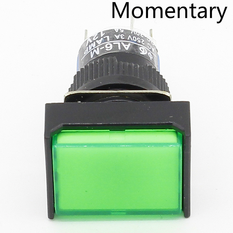 1pcs 16mm Rectangle Momentary push button switch lamp 5pins 12V: green