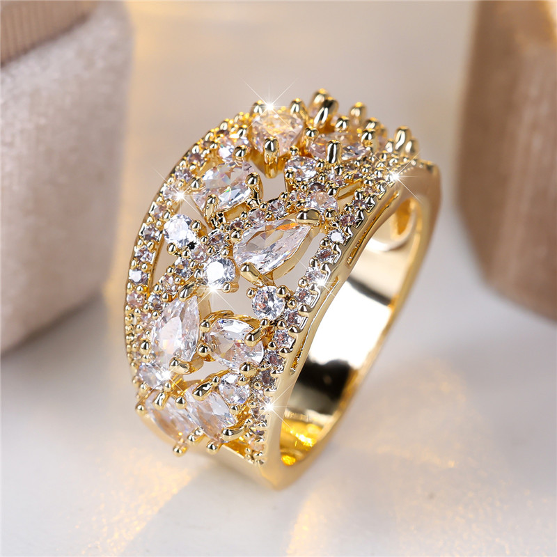 Leuke, grote, waterkleurige verlovingsring voor vrouwen, vintage gouden trouwsieraad voor dames: 7 / Zwart