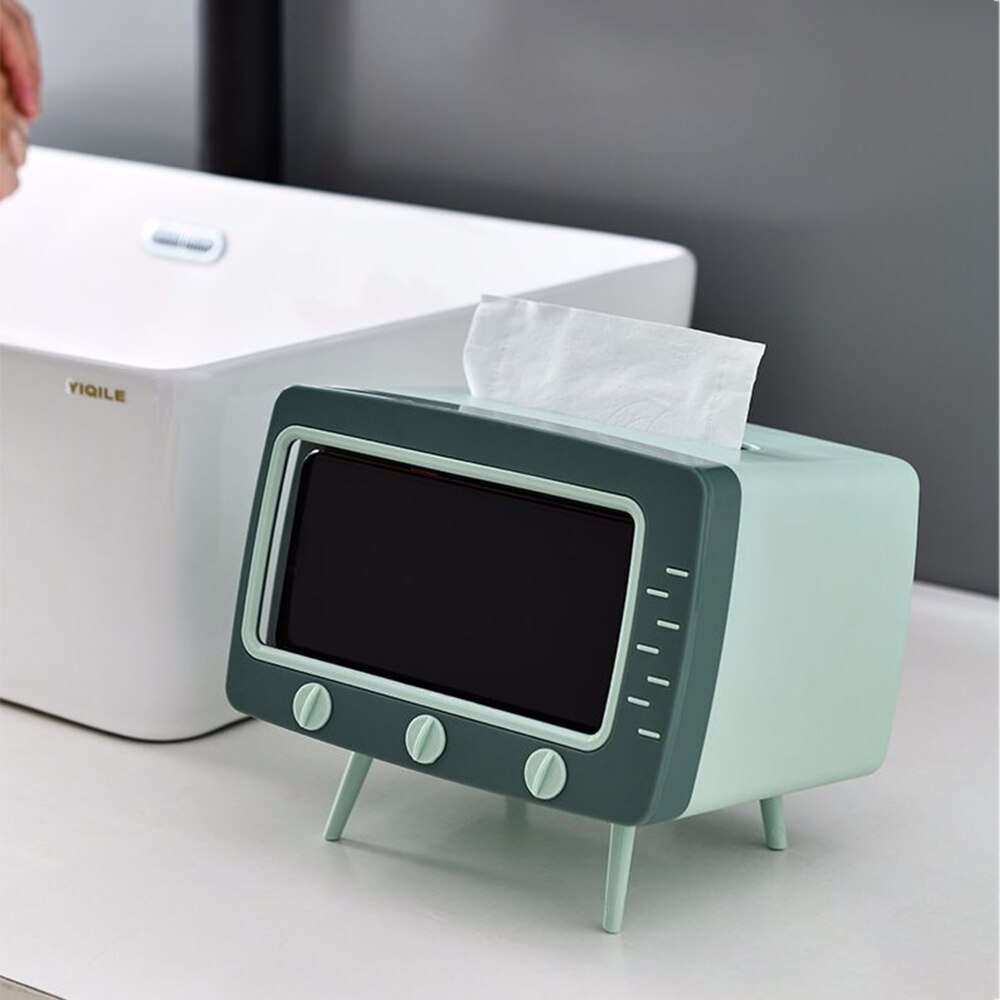 TV Tissue Box Desktop Tissue Paper Organiser Box Dispenser Storage Home Office Napkin Holder With Mobile Phone Stand