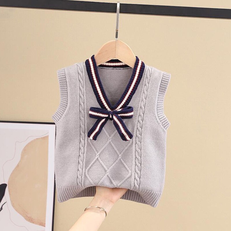 Wiosna jesień śliczne bowknot sweter nastolatek chłopięcy sweter w szpic kamizelka dzieci kamizelka szkoły dziewczyny zimowe swetry: Szary