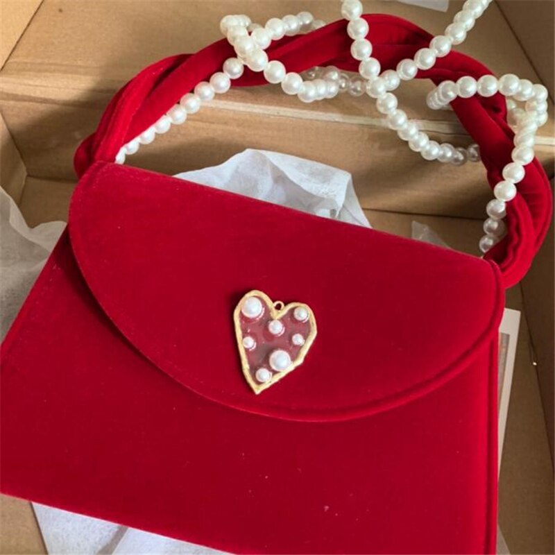 Women's Velvet Handbag - Small Size - Pearl Shoulder Strap - Vintage Style - Top Handle Bag