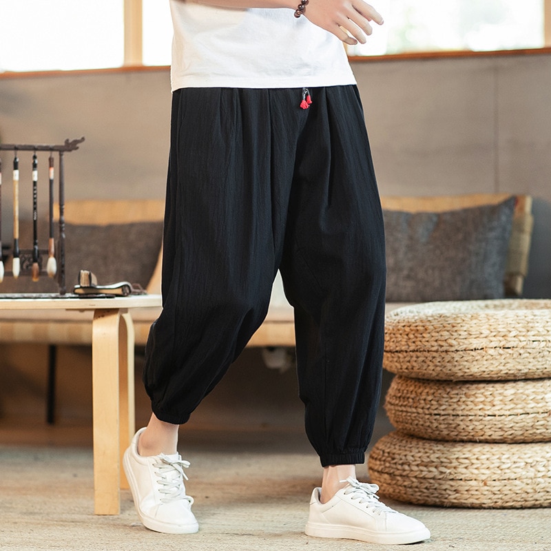 Plus size herre bomuldslinned løse afslappede bukser capri-bukser kung fu uniform kampsport herre cropped bukser artes marciales 5xl