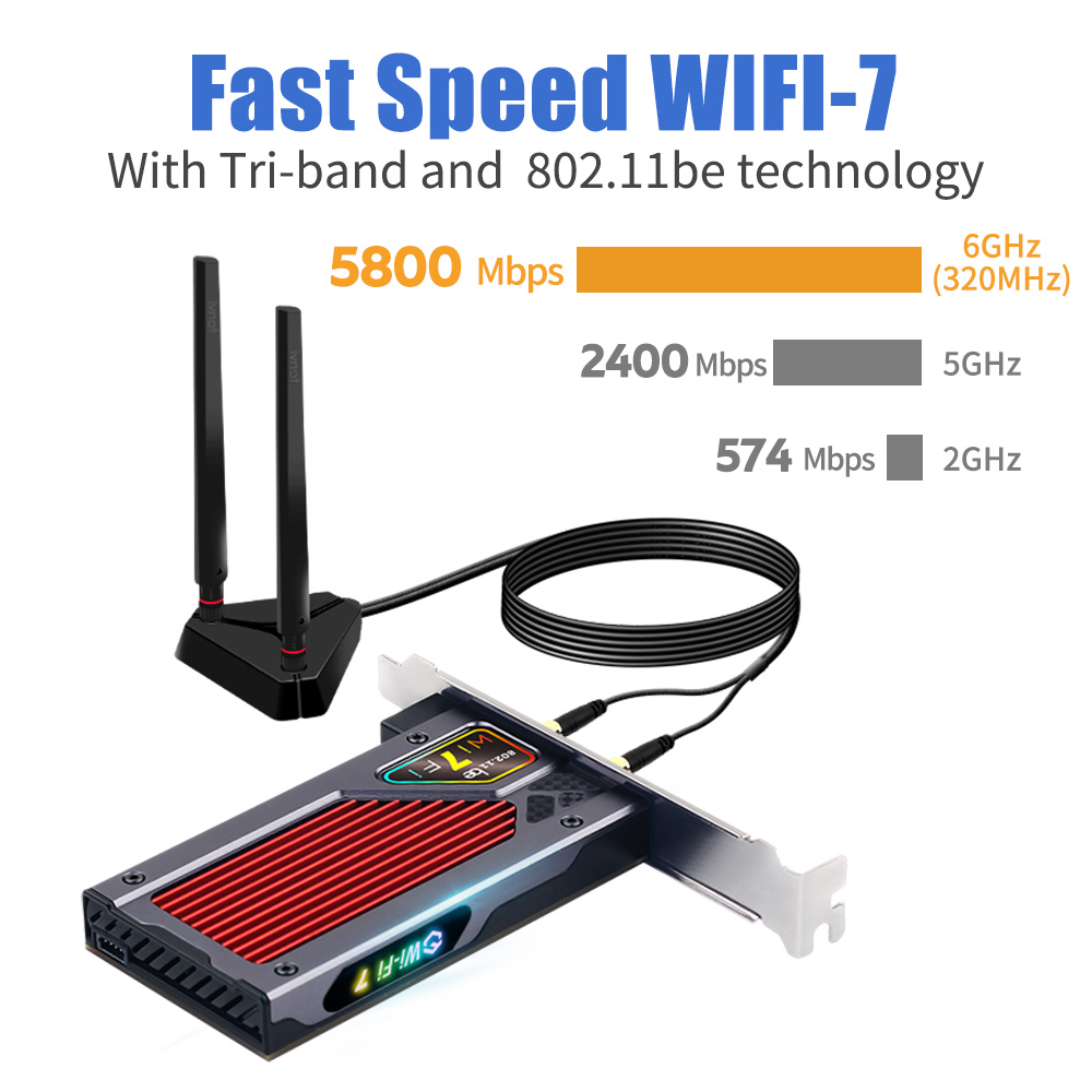 WiFi 7 BE8800RGB PCIE Wireless Network Card BT5.4 8774Mbps Tri-band 2.4G/5G/6GHz for Desktop PC with Extension Base Win10/11
