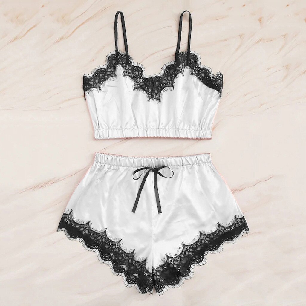 Kvinnor sexiga nattkläder ärmlös rem nattkläder spetskant satin cami topp pyjamas set topp +shorts ropa de dormir