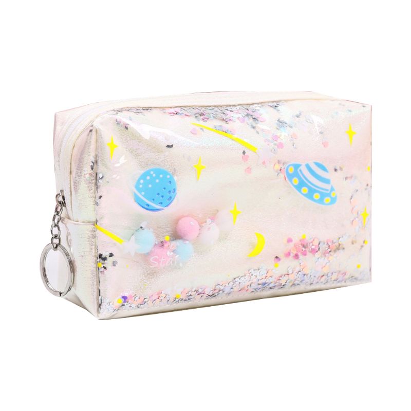 Lovely Large Quicksand Planet Pencil Case Leather Pen Box Makeup Bag Girls 090F: White