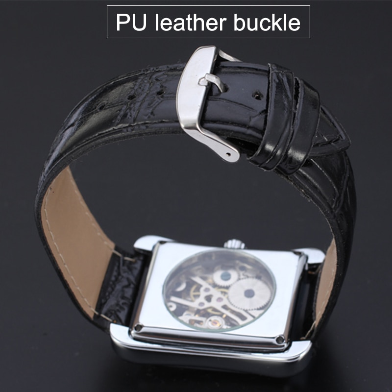 Winner Brand Watches Men Rectangle Mechanical Hand Wind Watches Male Golden Skeleton Dial Artificial Leather Wristwatches