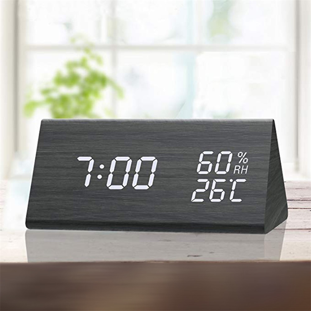 Digital Clock Wood Alarm Clock LED Electronic Display Temperature Humidity Sensing Clocks Bedroom Mirror Time Clock