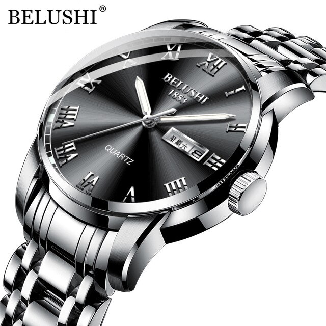 Belushi Mannen Business Horloge Roestvrij Staal Quartz Horloges Chronograaf Aanalogue Klok Waterdichte Lichtgevende Relogio Feminino: Silver Black