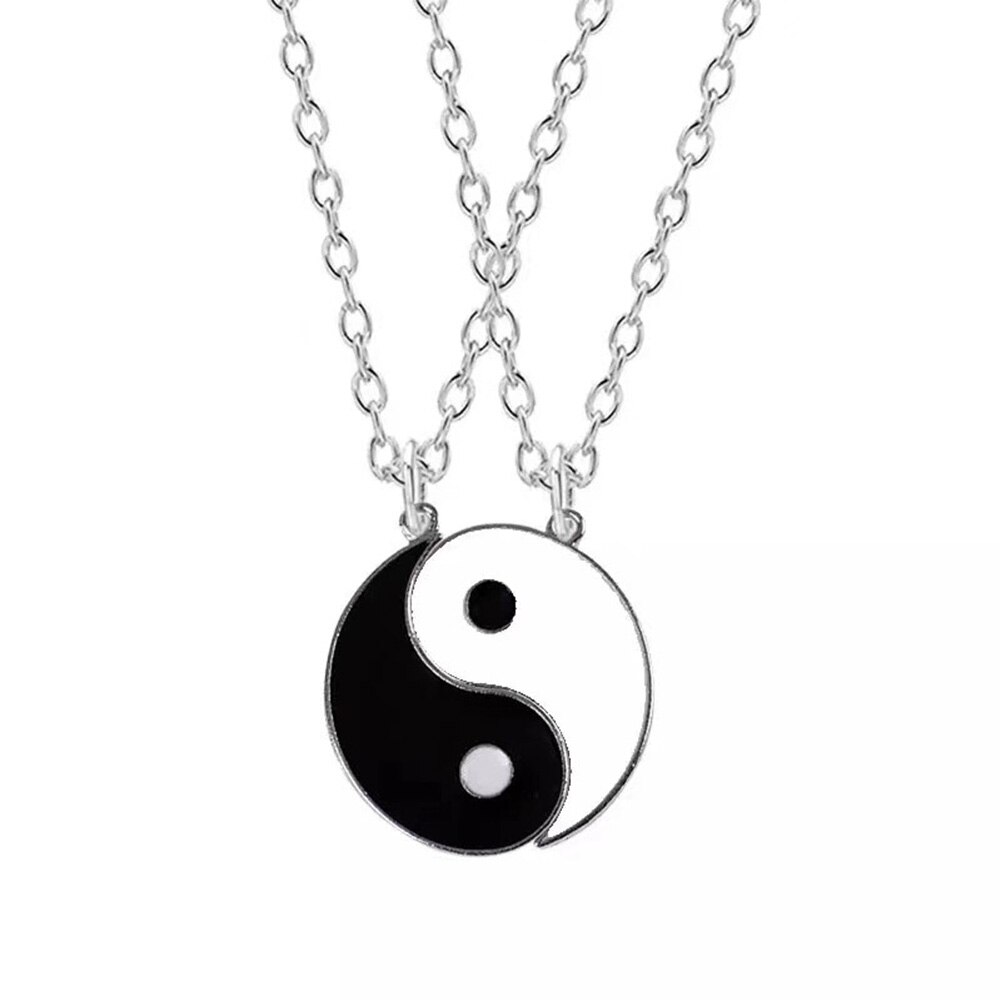 2 Stks/set Mode Metalen Legering Tai Chi Yin Yang Roddels Hanger Ketting Gouden Lange Ketting Paar Vriend Ketting: silver 2