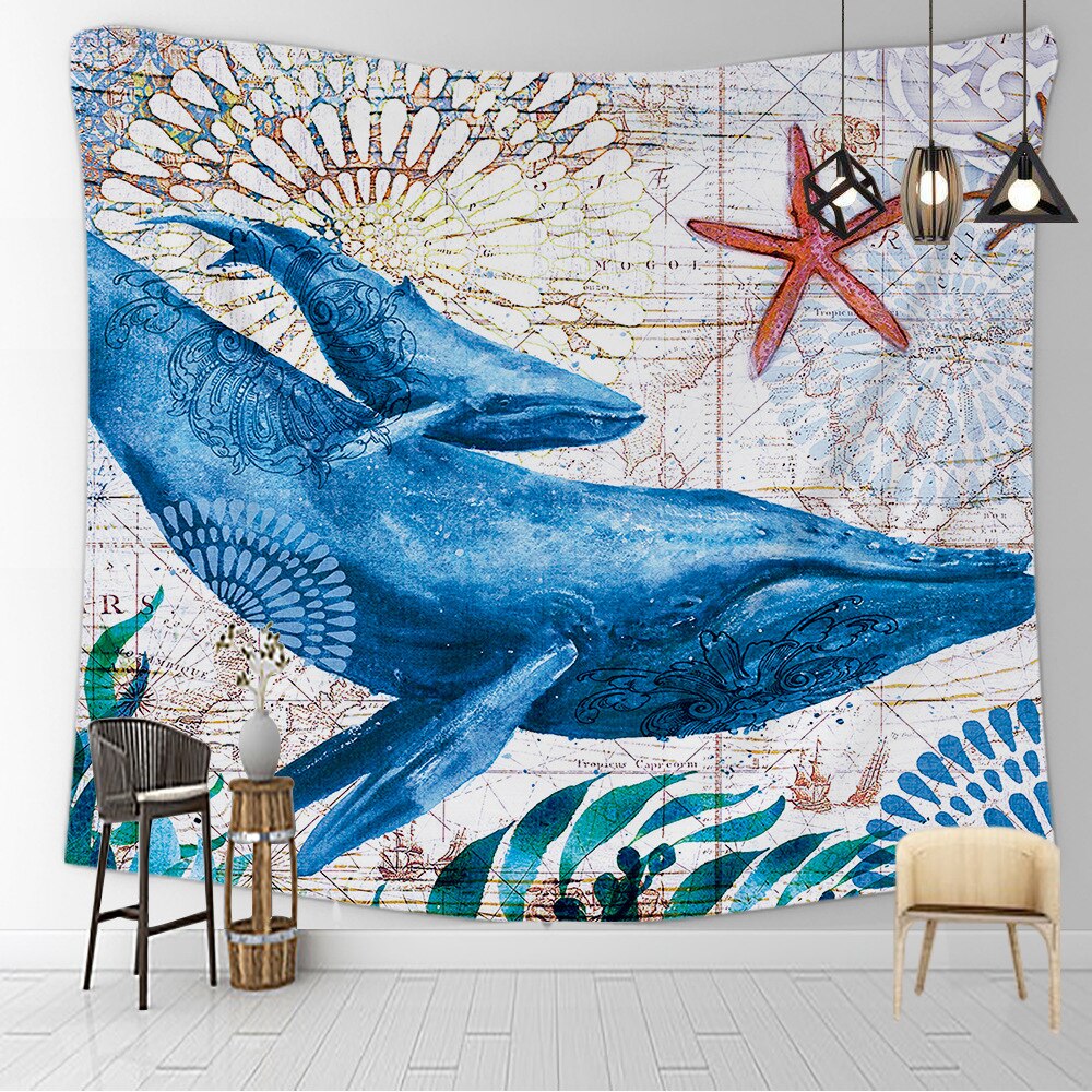 Tortue de mer hippocampe baleine poulpe vie marine océan tenture trippante tapisserie murale décoration faite à la main art chambre salon dortoir: 3 / 150cm x 200cm