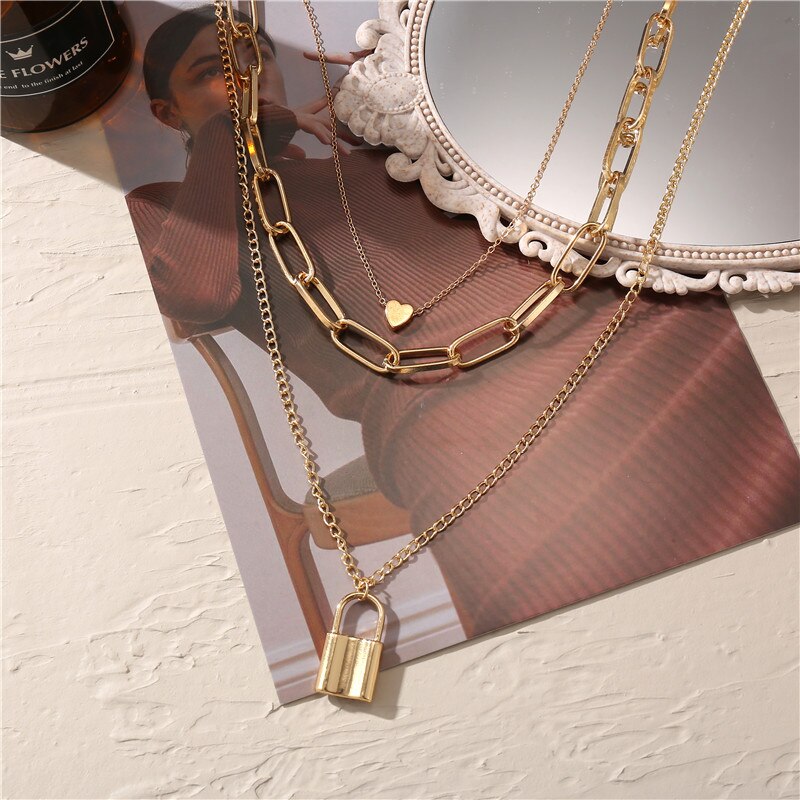 Vintage Multilayer Heart Lock Hanger Ketting Voor Vrouwen Mode Goud Zilver Kleur Dikke Ketting Sieraden: CS5759