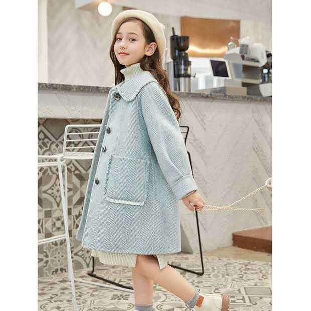 Children Girl Wool Coat Blends Jacket For Autumn Single-Breasted Turn Collar Big Pockets Solid Girls Coats: blue / 5