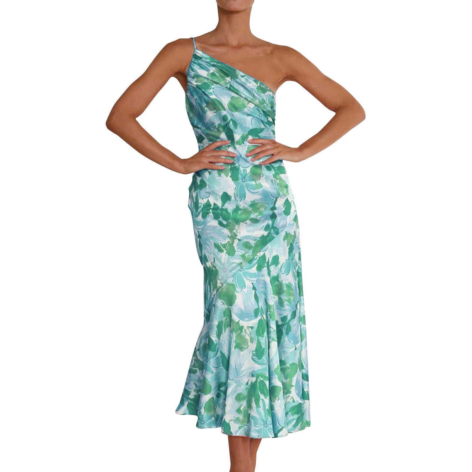 Stilvolles Fischschwanz kleid mit schrägem Hals riemen elegantes Kleid mit exquisiter Farbe und Blumenmuster: L / Türkis