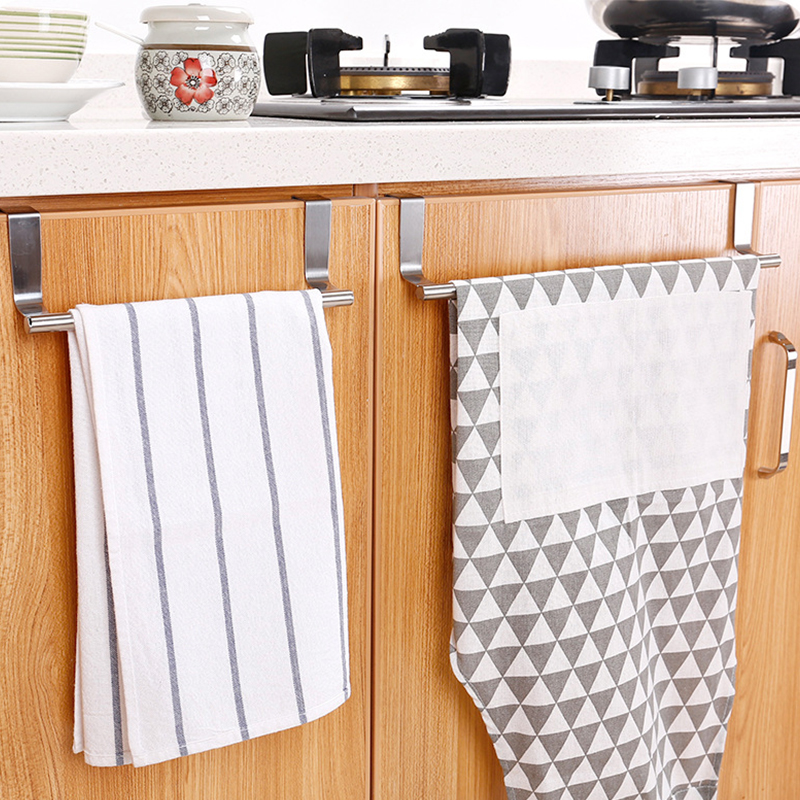 Over Door Stainless Steel Single-bar Towel Rack Bathroom Kitchen Non-perforated Towel Rail Rag Rack Shelf Hanger Hanger