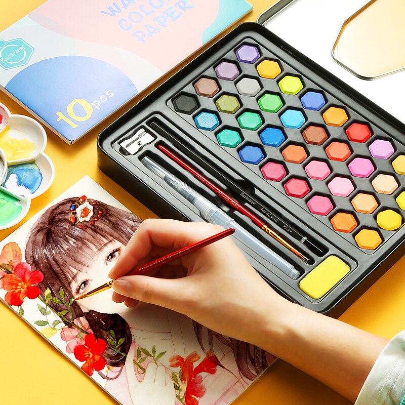 Solide Aquarel Verf Set 36 Kleuren Art Set Met Water Borstel Pen Aquarel Pigment Voor Beginners Tekening Levert