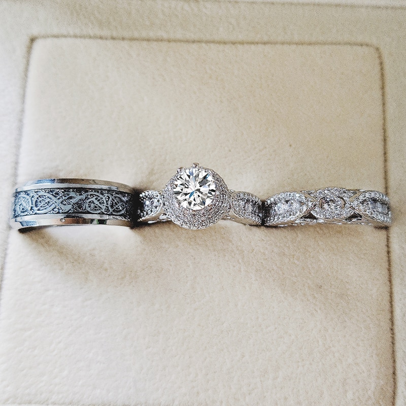 Real 925 Sterling Silver Couple Wedding Ring Set for Bridal Women and men Finger Africa Jewelry R5383