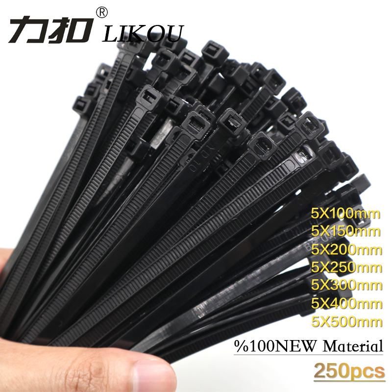LIKOU Nylon cable tie 5x150 5x200 5x300 5x400 5x500 width4.8mm Plastic self-locking cable ties straps 250PCS black
