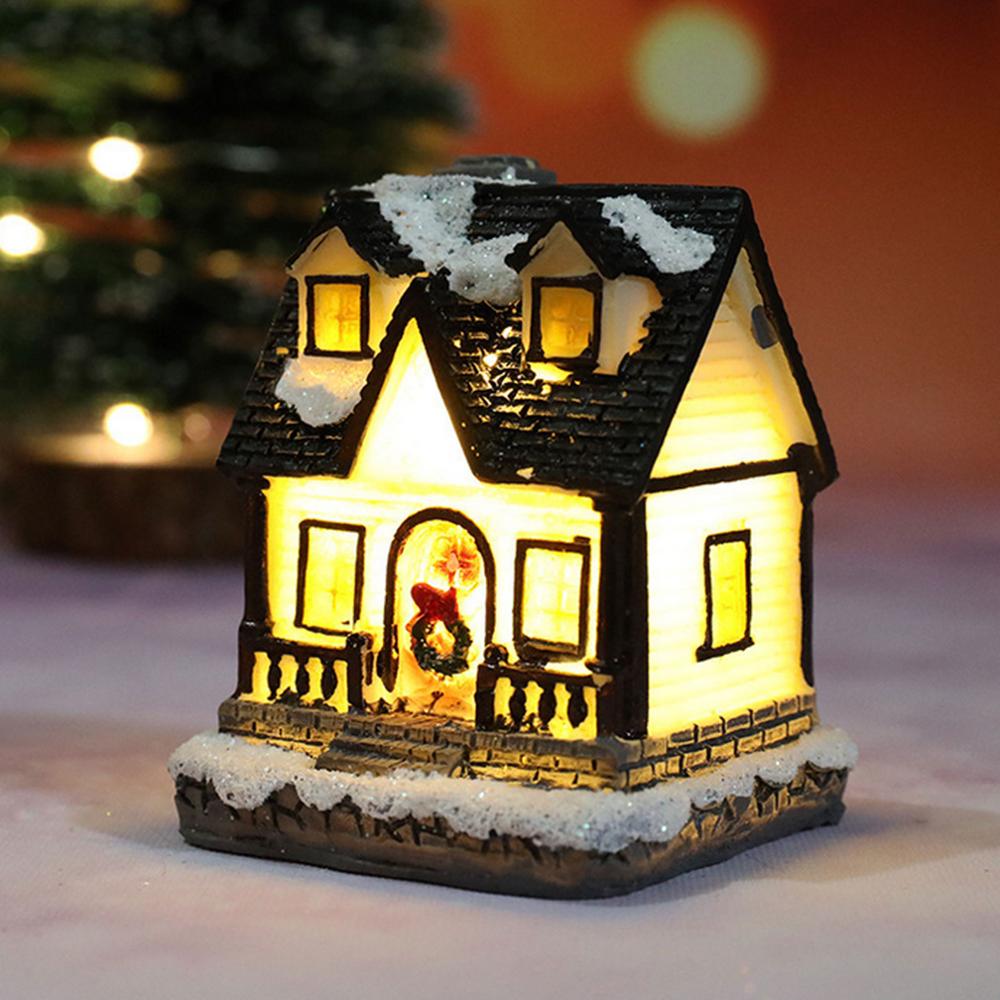 Christmas Scene Village House Resin Luminous LED Snow House for Home Winter Xmas Party Miniature Ornaments Decor: E