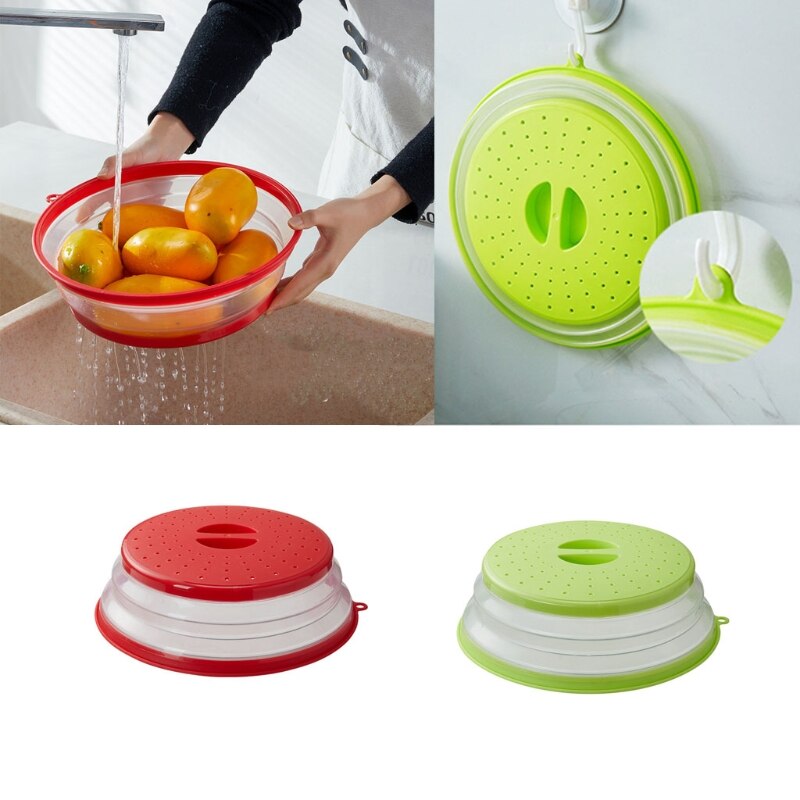 62KC Vented Collapsible Microwave Lid Splatter Proof Food Plate Cover Easy Grip Handle Vapor Holes Dishwasher Safe