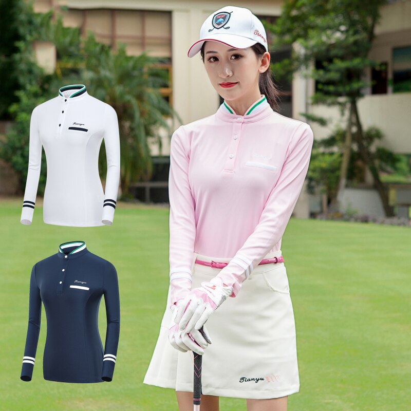 Golfkläder kvinnor långärmade skjortor golftoppar stå krage teamuniform utomhussportkläder college koreansk stil