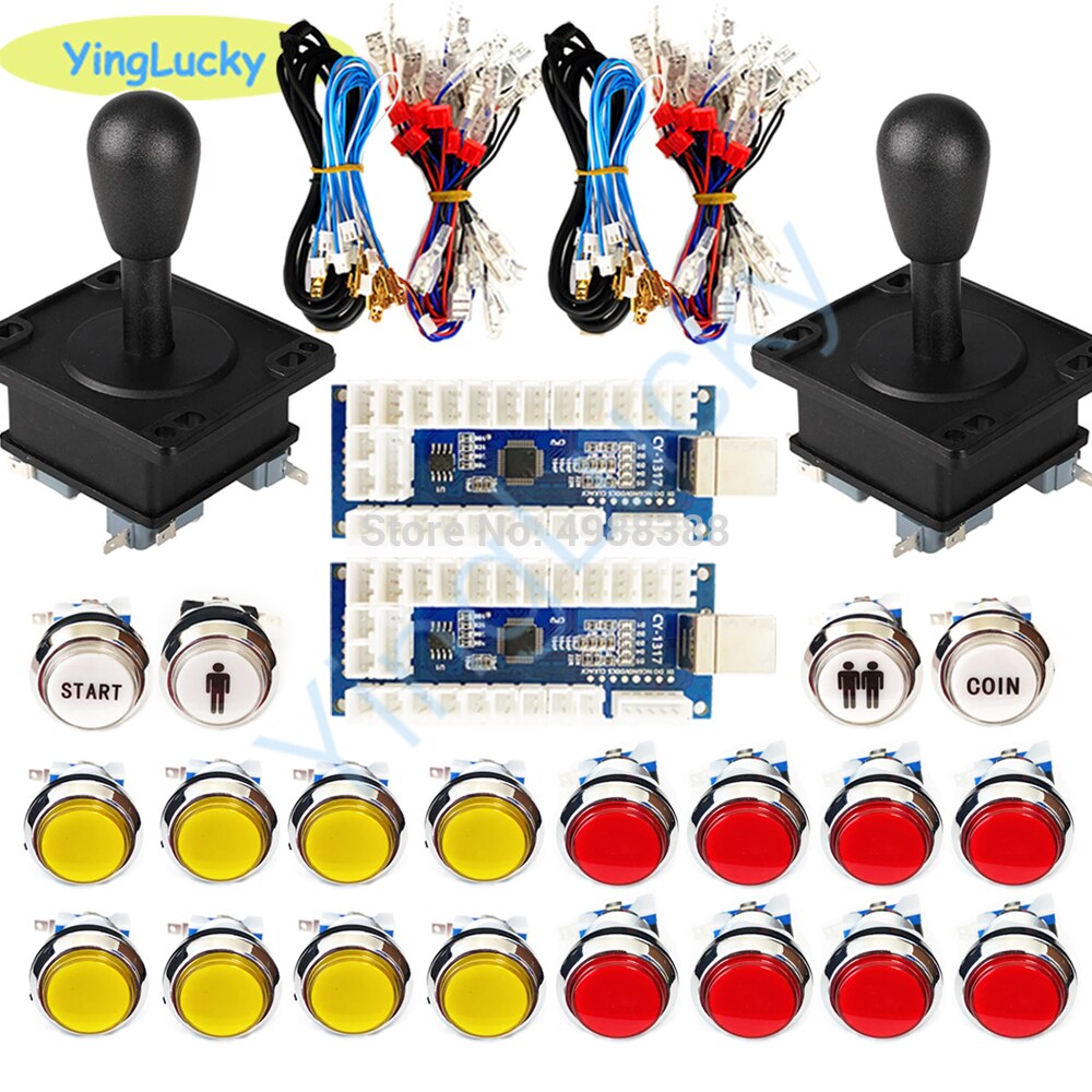 Juego de Joystick Arcade de estilo americano 12V LED cromo botones de Arcade + Cable de Joystick controlador USB piezas de juego de salón recreativo: yellow and red