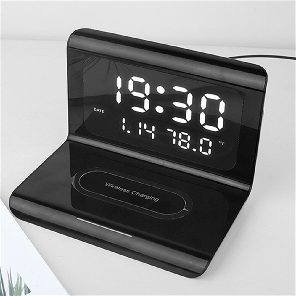 Digital Alarm Clock 2 in 1 Wireless Charger Fast Wireless Charging Dock Station Desk Clock Time Date Temperature Display