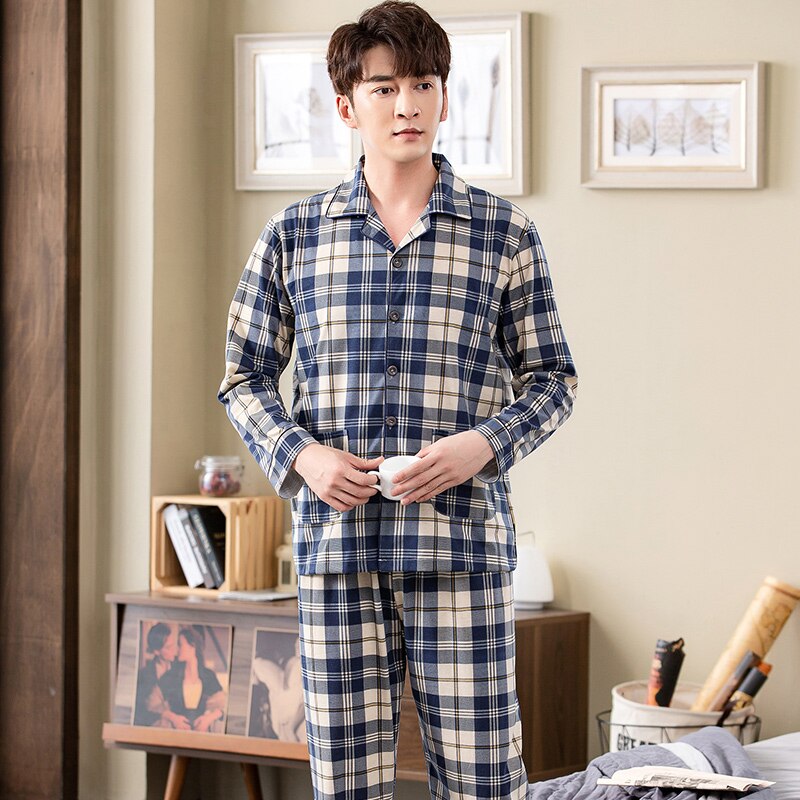 Pyjama 100% coton pour homme, tenue de nuit à la , vêtements chauds pour la maison, à carreaux PJ, automne
