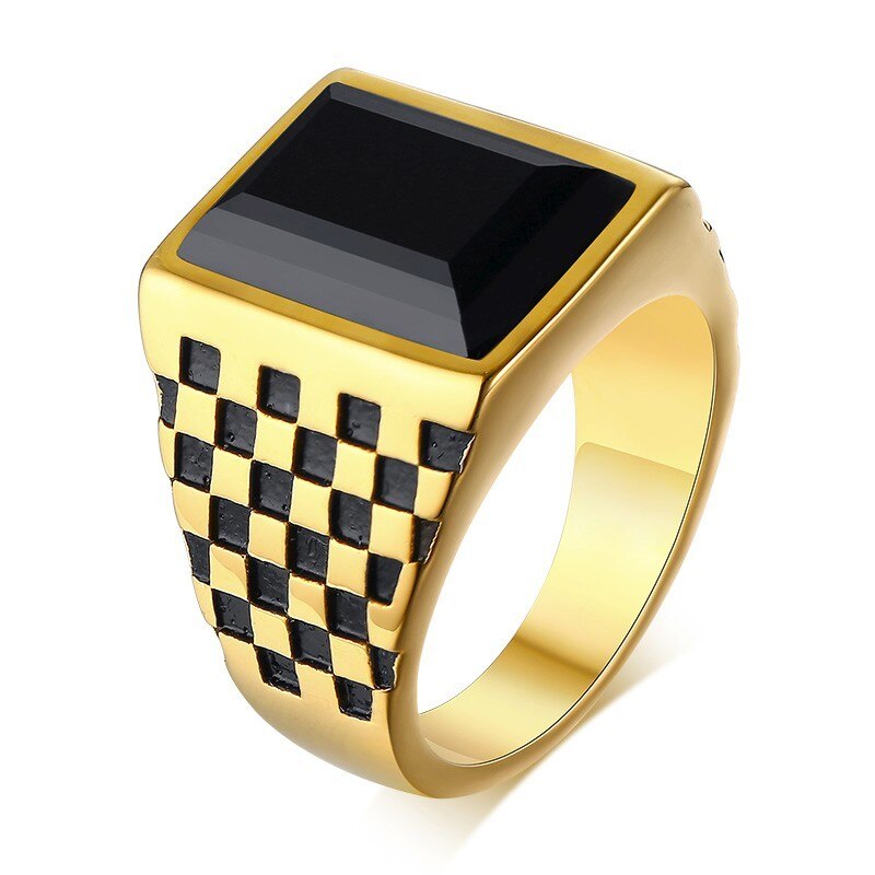 Chevalière homme motif damier ton or et coupe bleu CZ acier inoxydable Rectangle Royal bijoux: 7 / Style 1