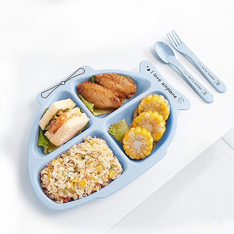 Assiette d'alimentation solide en plastique pour enfants, plat à dîner divisé pour enfants, joli hélicoptère de dessin animé, nourriture pour bébé, 4 sections avec cuillère fourchette