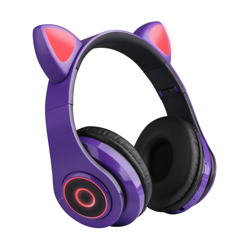 Auriculares inalámbricos con Bluetooth y micrófono para chica, cascos con orejas de gato, luz Flash, Decoración LED, estéreo, música, teléfono,: Purple