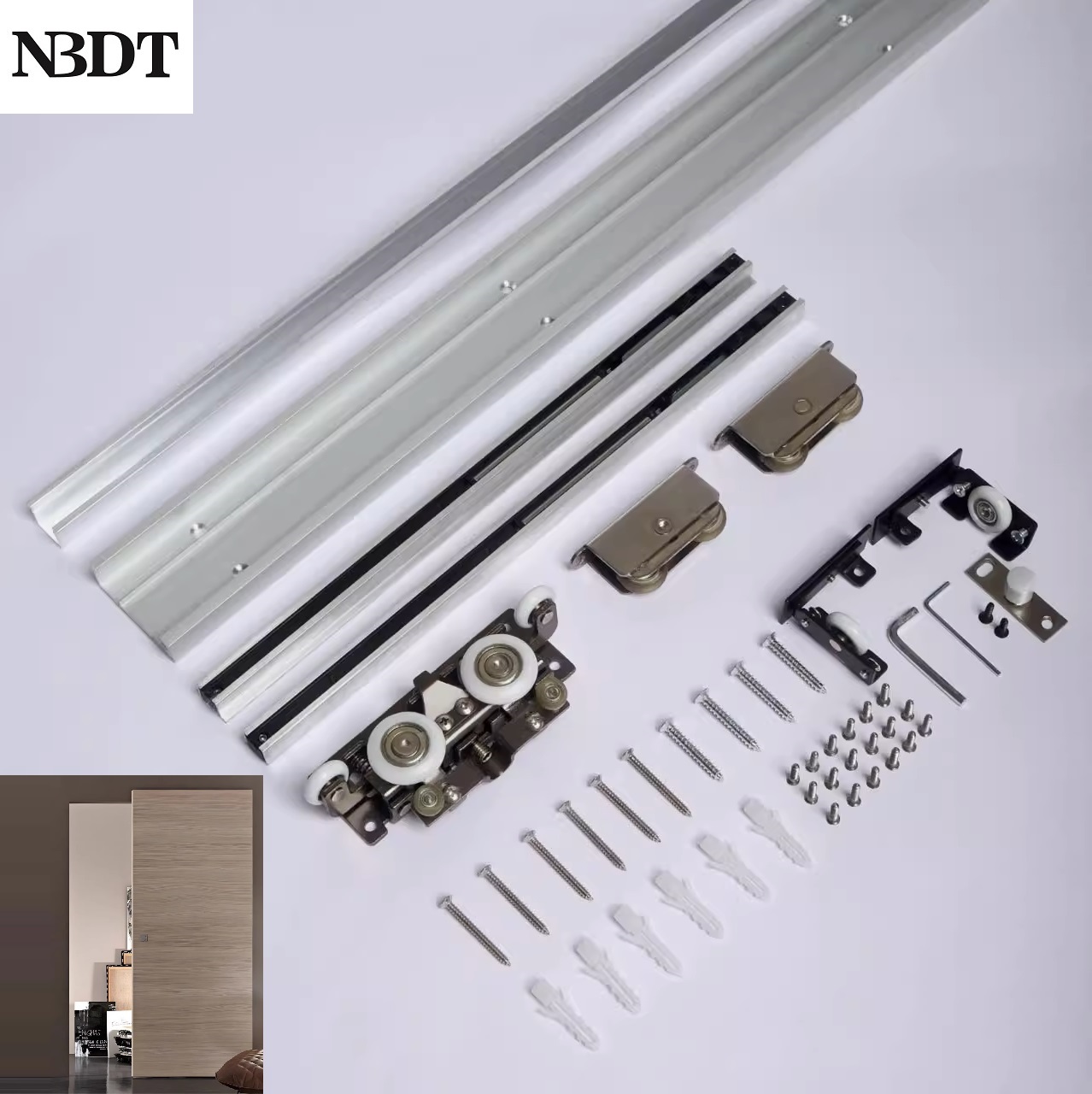 1.2Meters Track Invisible Floating Ghost Sliding Door Roller Wheels Kit Two Way Soft Closing