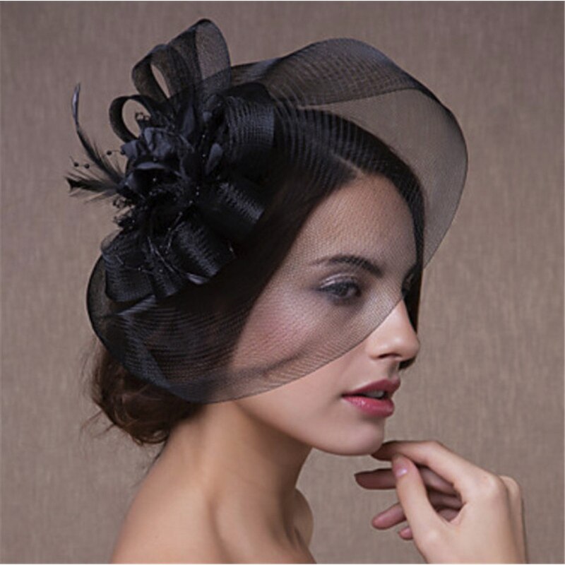 Cappello da sposa con clip Fascinator tornante per le donne festa di nozze filato a rete accessori per capelli fiore: nero