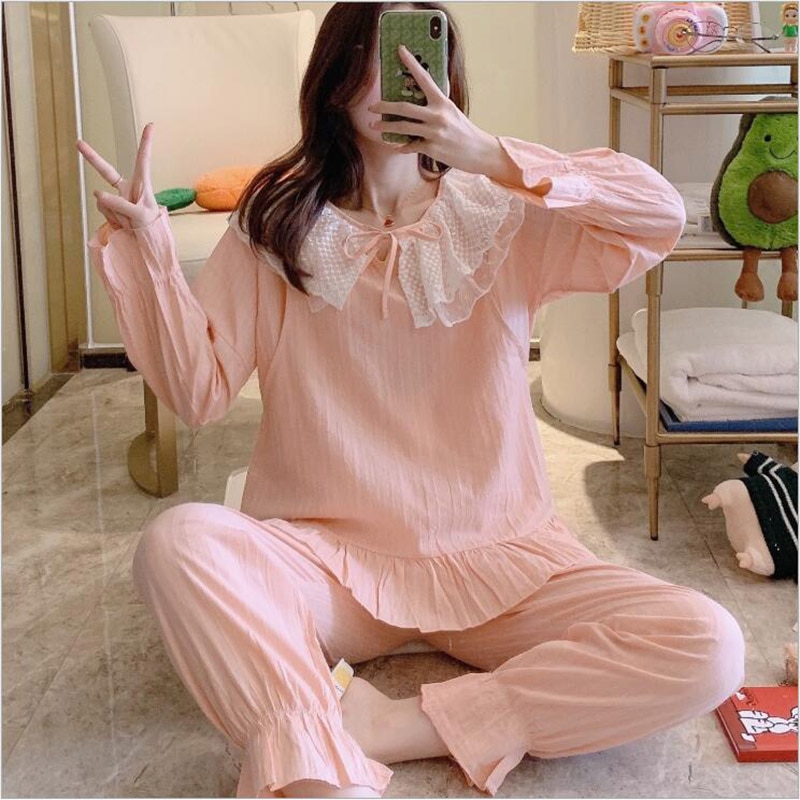 Roze katoenen nachtkleding voor de zwangerschap, herfst en zomer, pyjama's met kant voor de voeding van zwangere vrouwen, nachtkleding voor de zwangerschap  x057