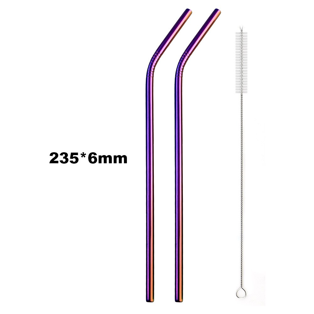 Pajilla de Metal reutilizable para beber, pajilla de Metal de acero inoxidable, paja colorida de arco iris de 16/19/21/23/26cm, diámetro de 6/8/12mm con 1 cepillo, 2 uds.: 235x6 Bent