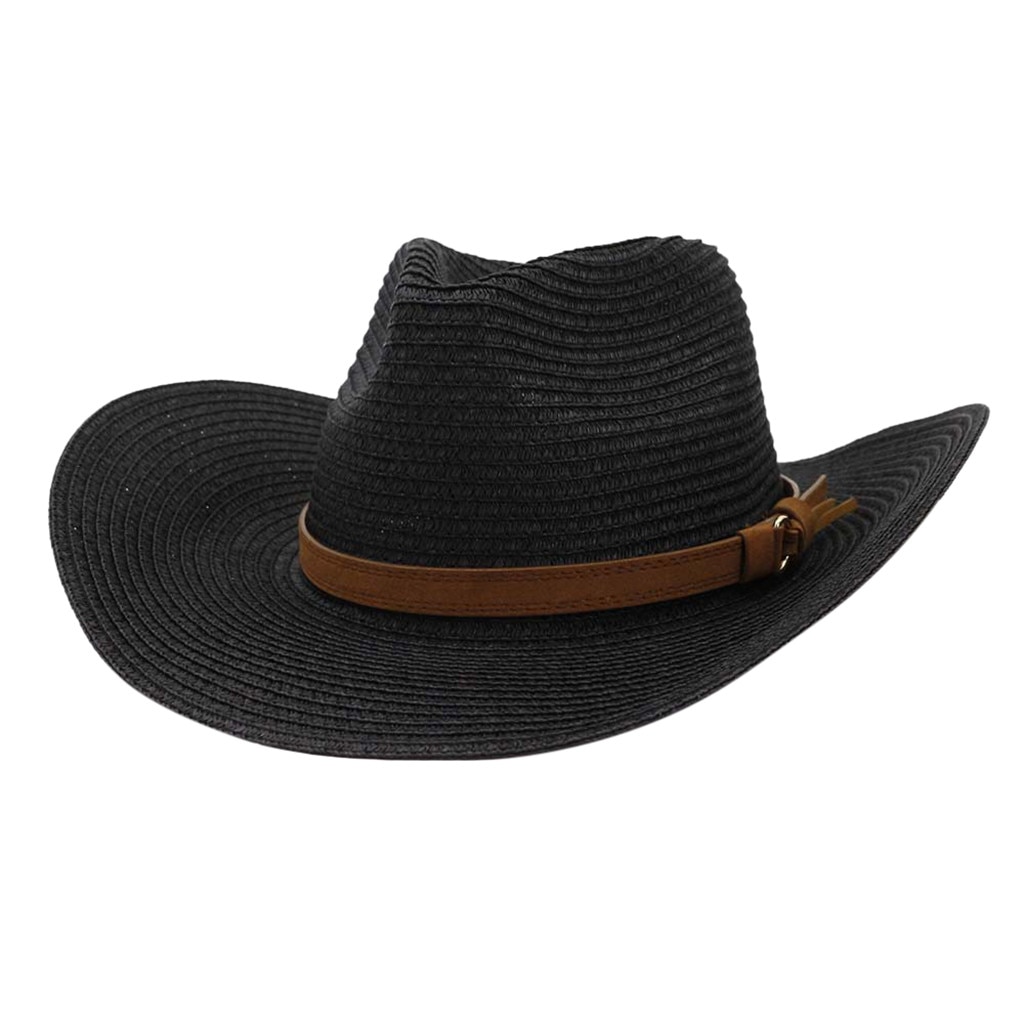 Sun Cap Straw Beach Cowboy Hats Retro Women's Men's Summer Straw Beach Wide Brim Cowboy Western Cowgirl Bead Band #Zer: Black 