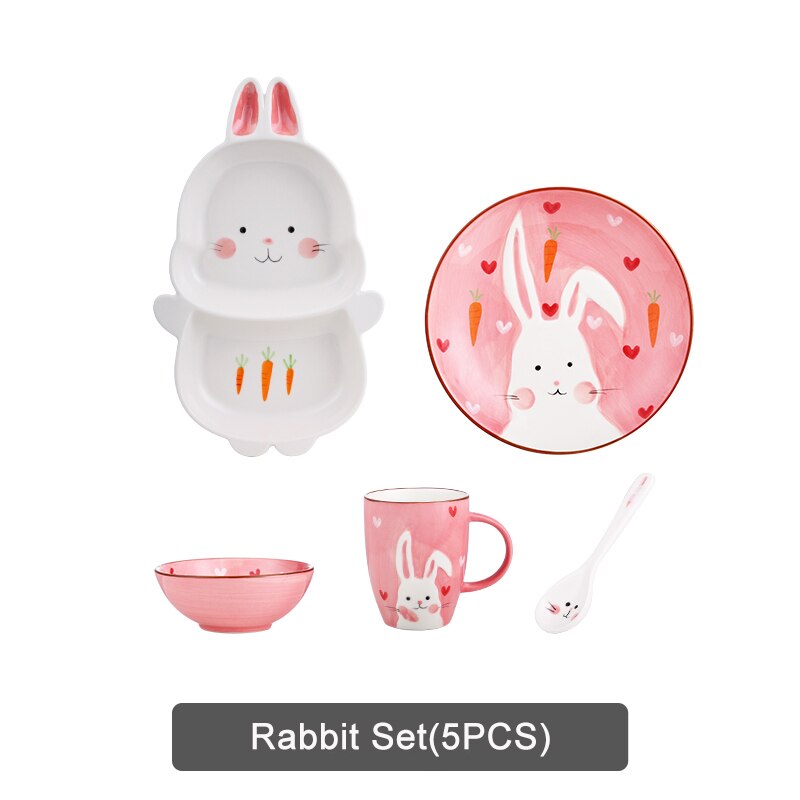 Children's Plate Set Of Rabbite Giraffe Baby Plate Dishes Ceramic Dineerware Set For Kids Bowl Plate Children's Cutlery: Rabbit Set