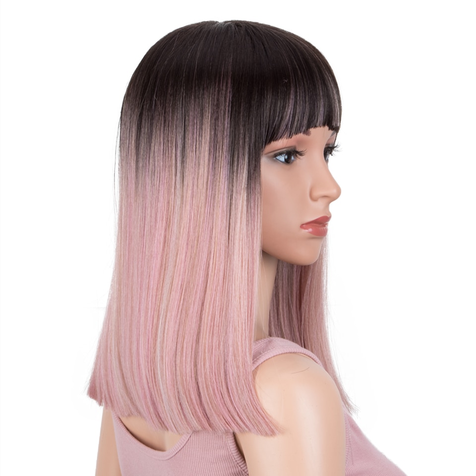 Bella 14 Inch Bob Synthetische Pruiken Voor Vrouwen Korte Bob Pruik Met Pony Steil Haar Uitbreiding Roze Rood Zwart Pruik lolita Cosplay